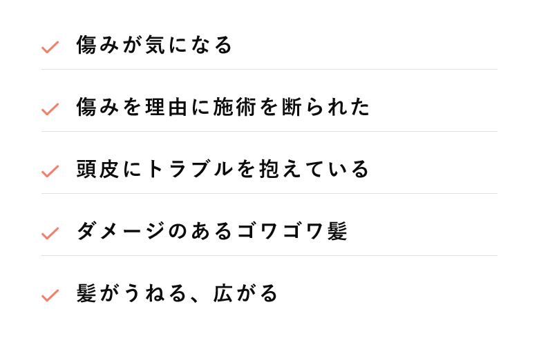 傷みが気になる/傷みを理由に施術を断られた/頭皮にトラブルを抱えている/ダメージのあるゴワゴワ髪/髪がうねる、広がる